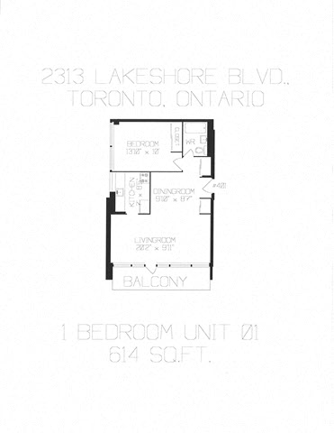 Floor plan for 1 bed, 1 bath, 616 sqft